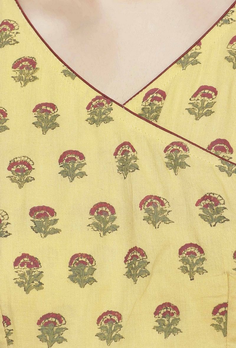 Yellow Long Gathered Hand-Block Printed Cotton Kurta