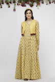 Set of 2 : Yellow Gathered Cotton Hand-Block Printed Kurta and Kota Boho Cape