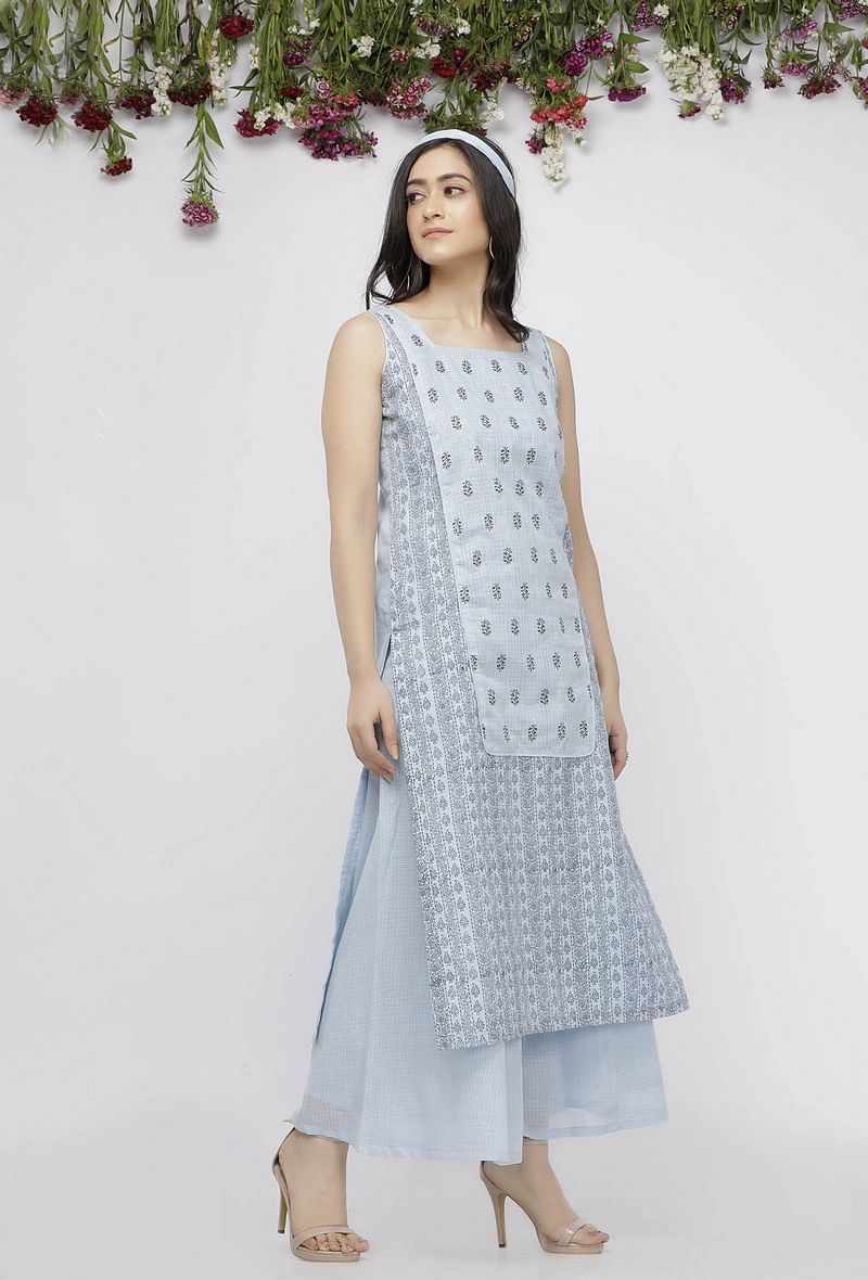 Blue Straight Fit Hand-Block Printed  Kota Kurta