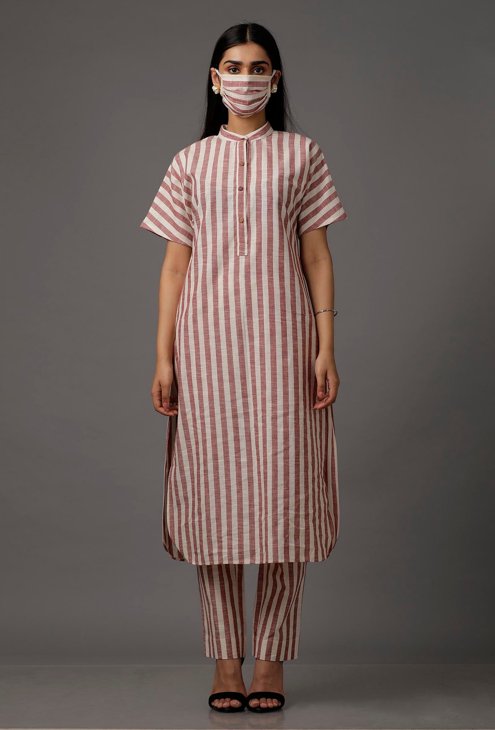 Red and White Stripes Pure Woven Cotton Kurta