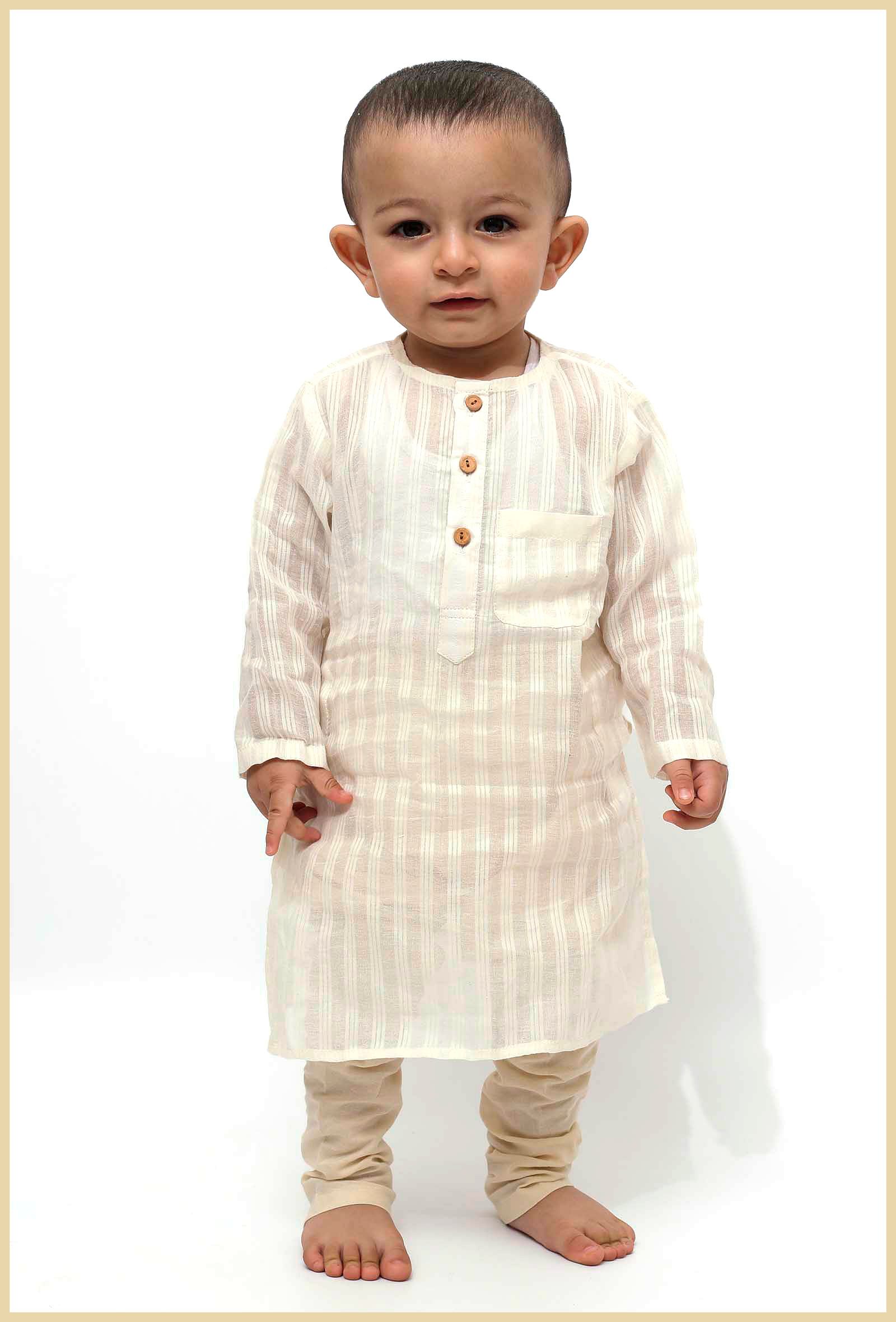 Set of 2 - Off-White Stripe Weave Malmal Kurta Pyjama