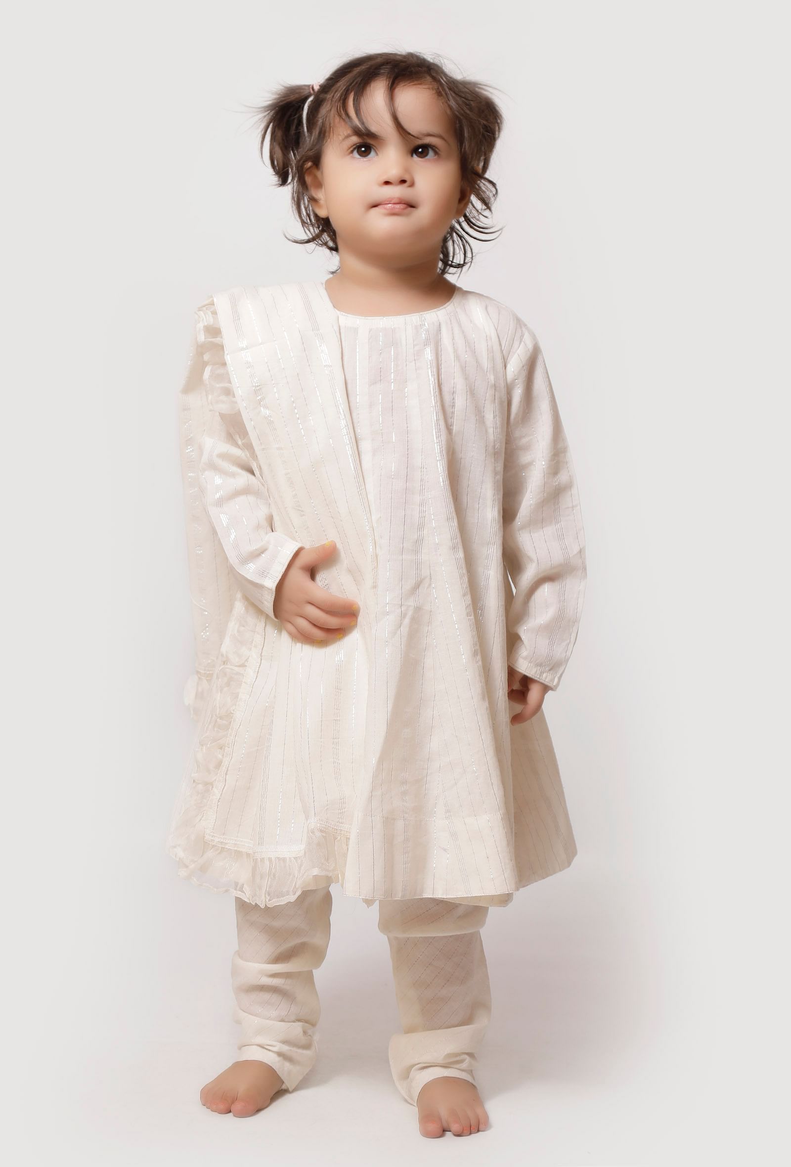 Set of 3 - Pearl White Anarkali Suit with Churidar with Dupatta