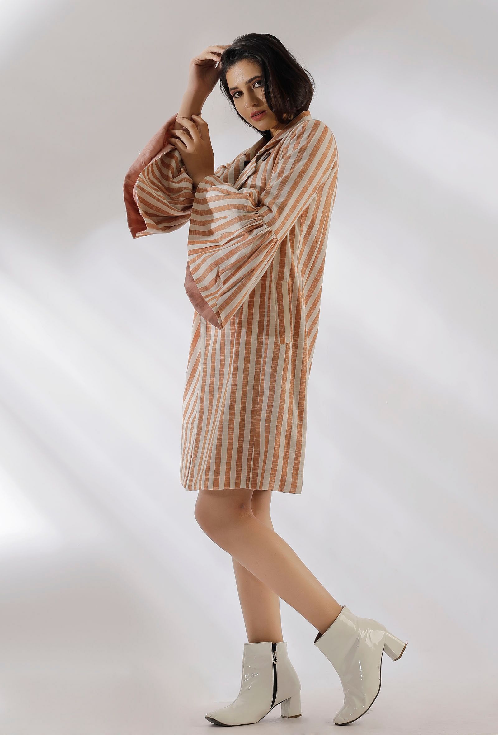 Brillie Brown Stripe Pure Woven Cotton Trench Coat