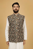 Onyx Black Floral Kalamkari Cotton Nehru Jacket