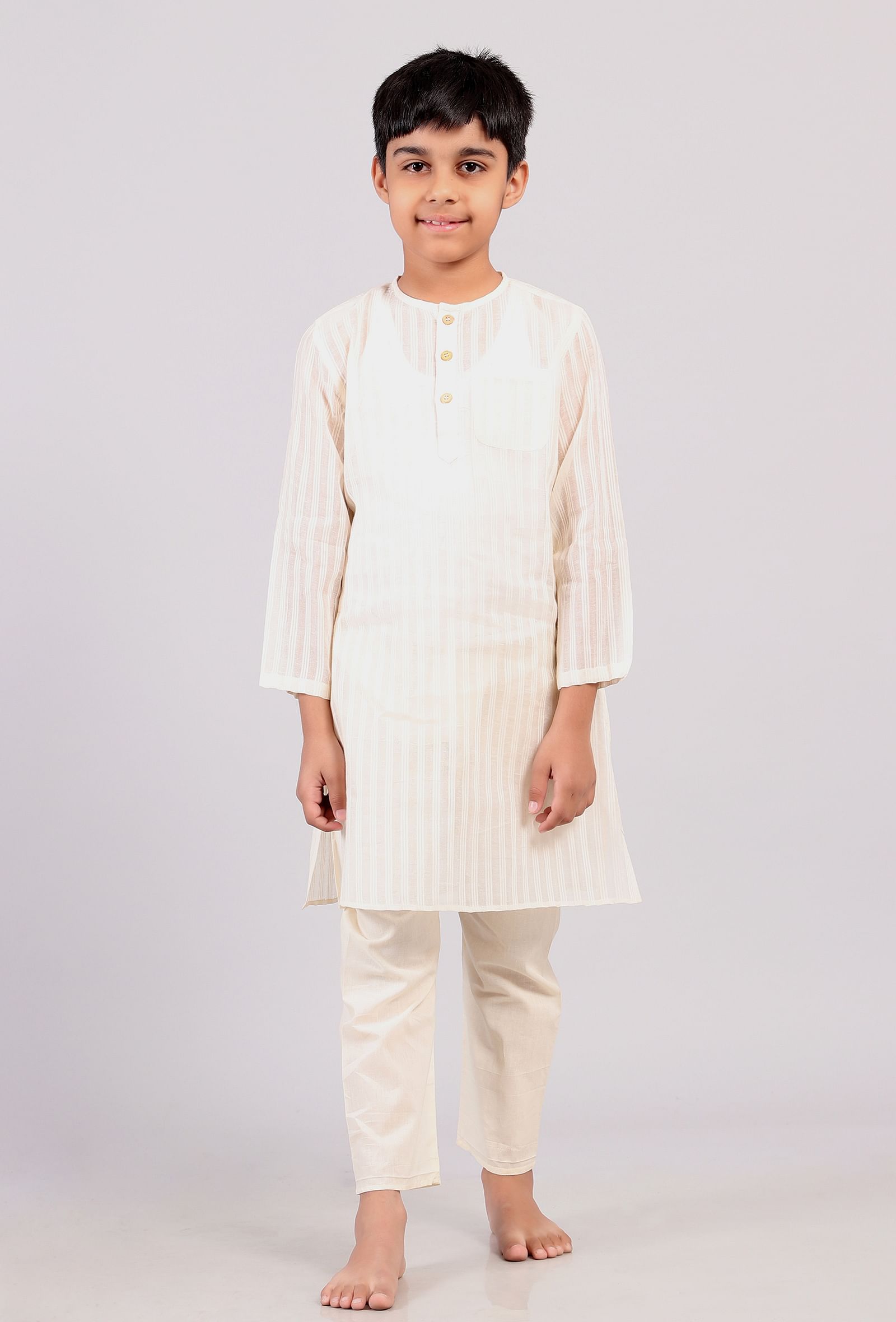 Set Of 2: White Cotton Stripes Kurta Pyjama