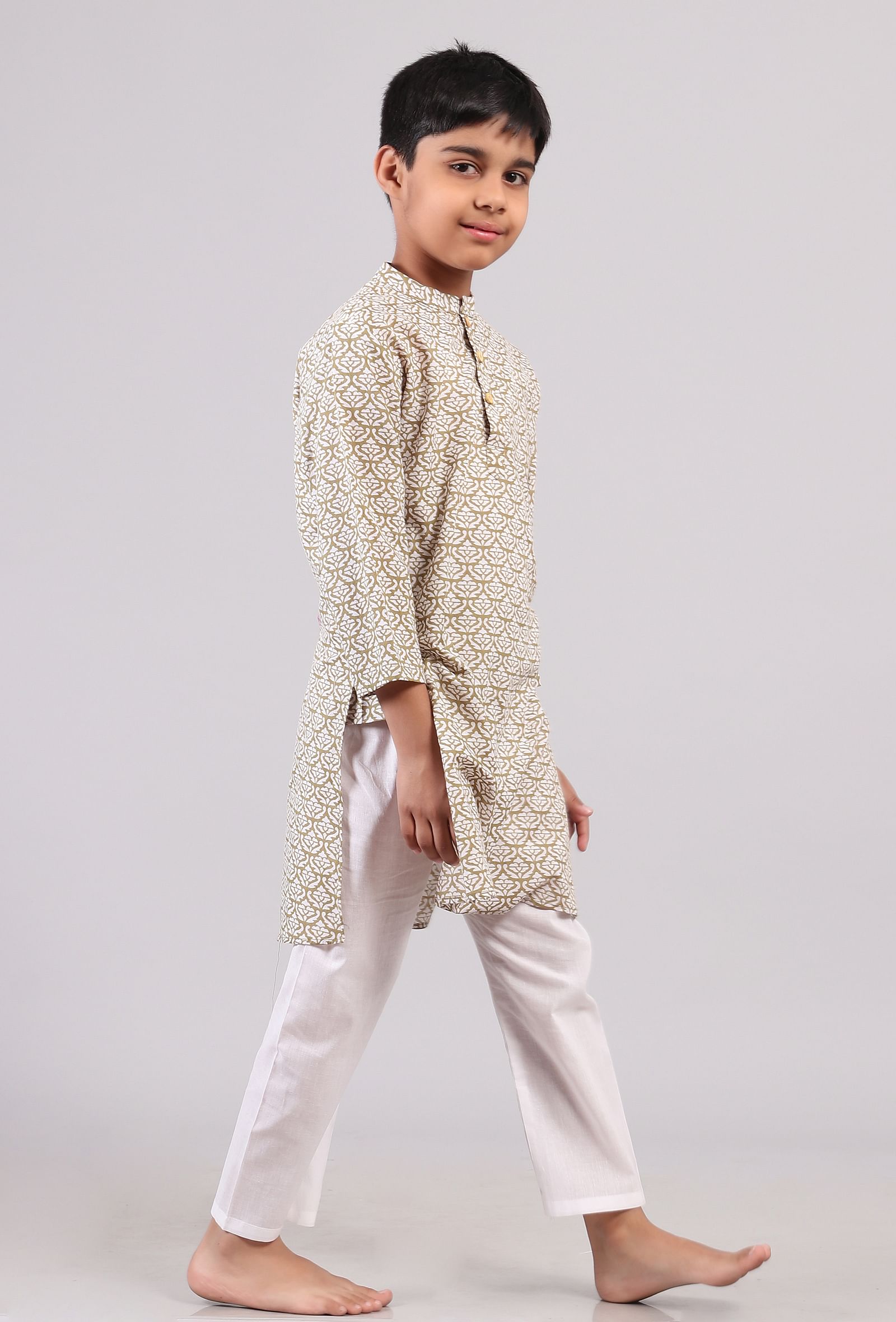 Set of 2: Mustard Beige Floral Hand Block Print Kurta Pyjama Set
