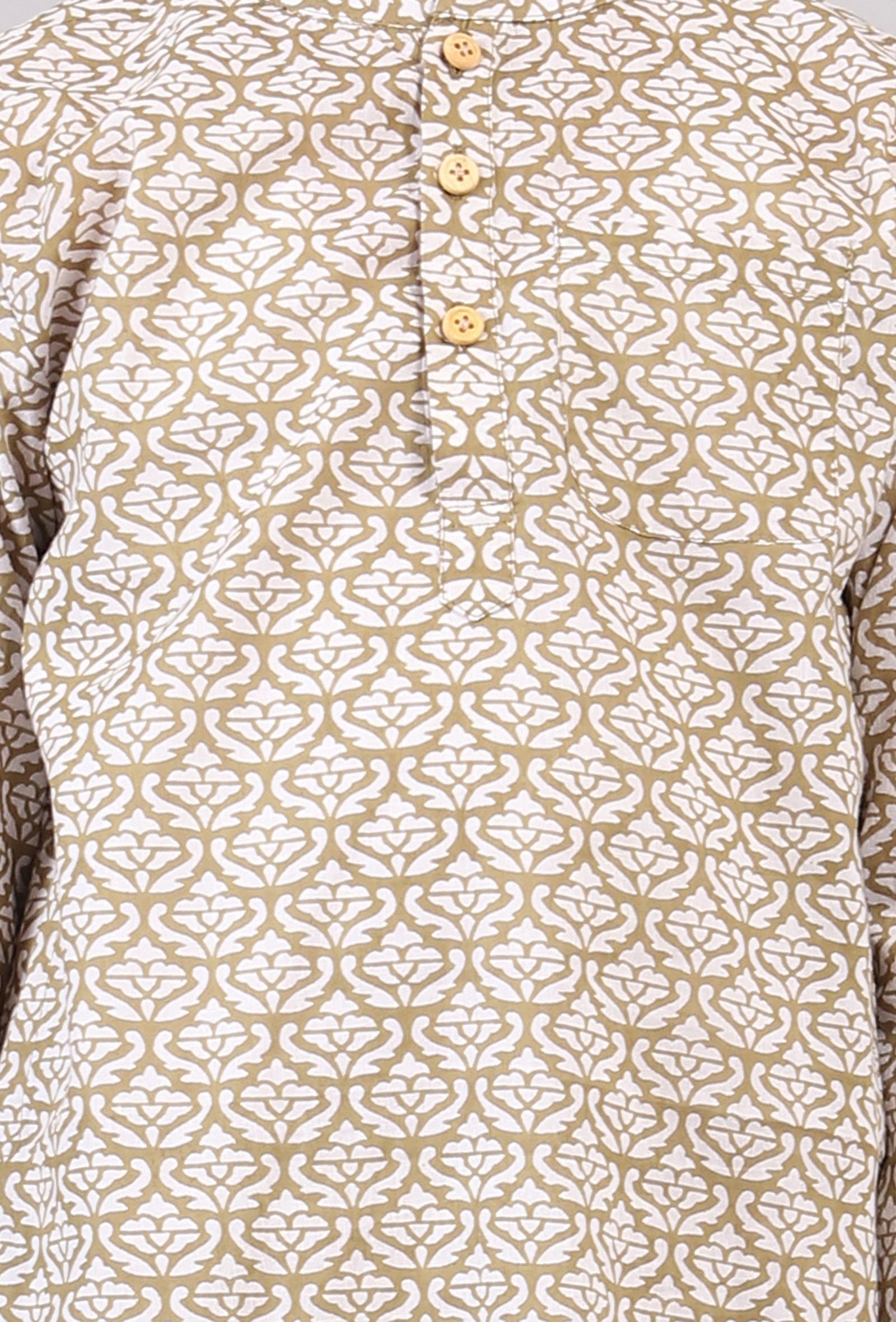 Set of 2: Mustard Beige Floral Hand Block Print Kurta Pyjama Set