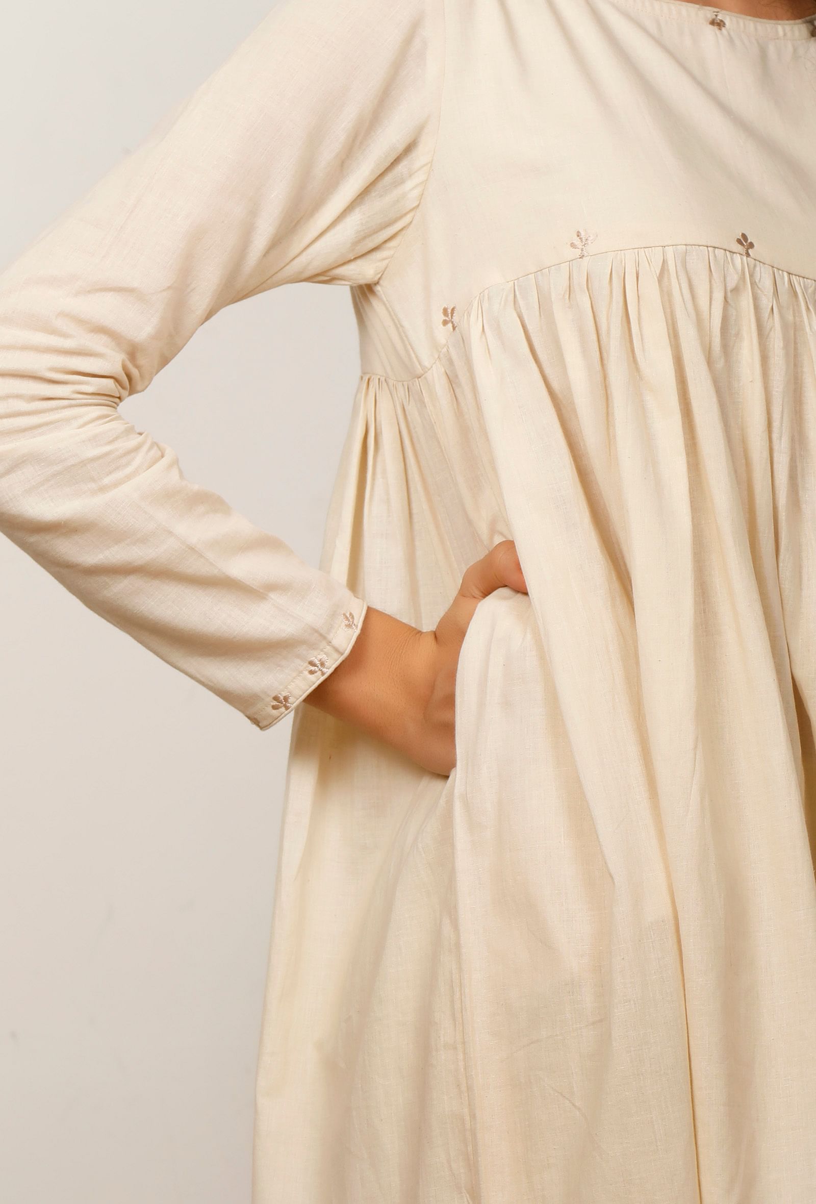 Beige Gathered Cotton Kurta
