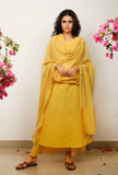 Set of 3: Yellow Solid flared sleeveless Cotton Kurta with Kota Dupatta and Solid Cotton Pants