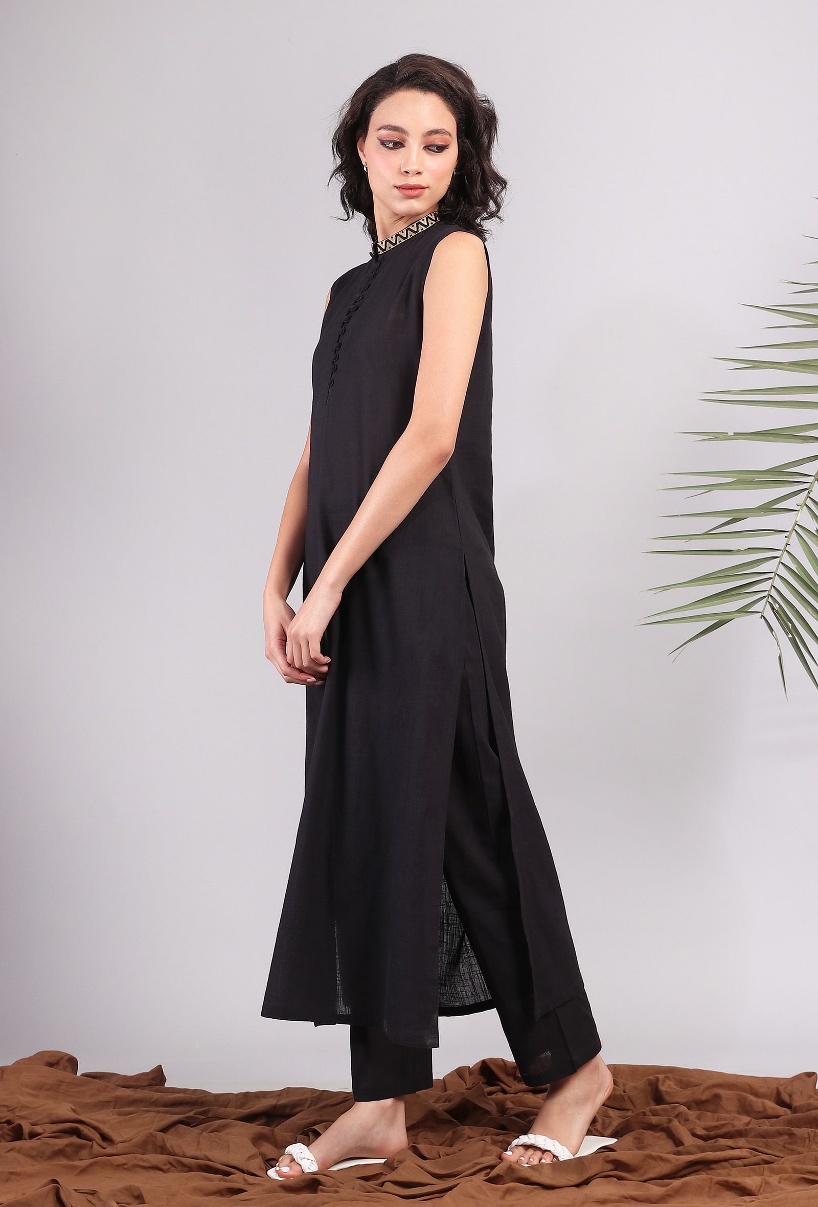 Set of 2: Black Bandhgala Sleeveless Kurta with Solid Black Narrow Pants