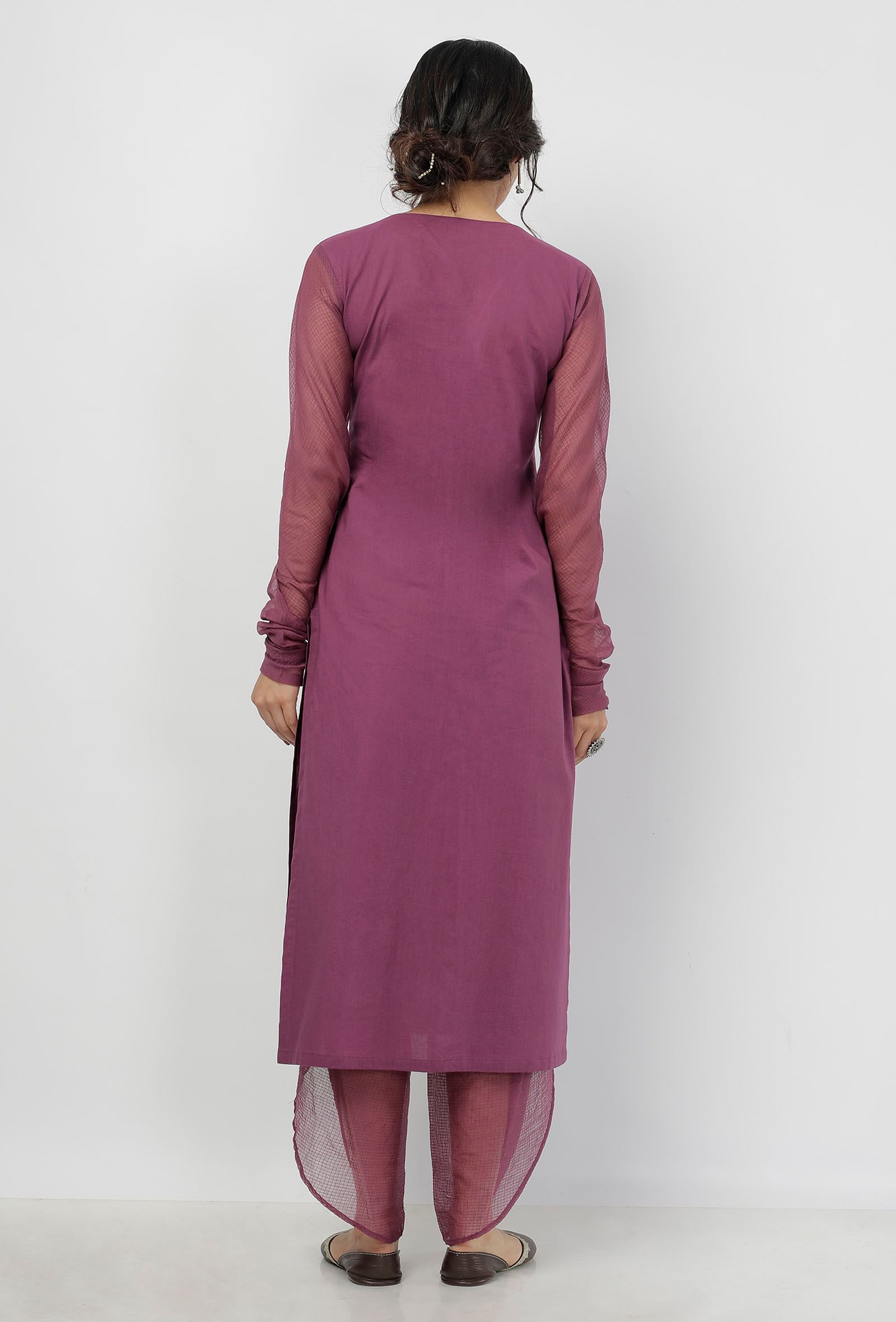 Set of 2: Iya Plain Purple Round Neck Straight Fit Cotton with Kota sleeves Kurta and Plain Purple Cotton Dhoti