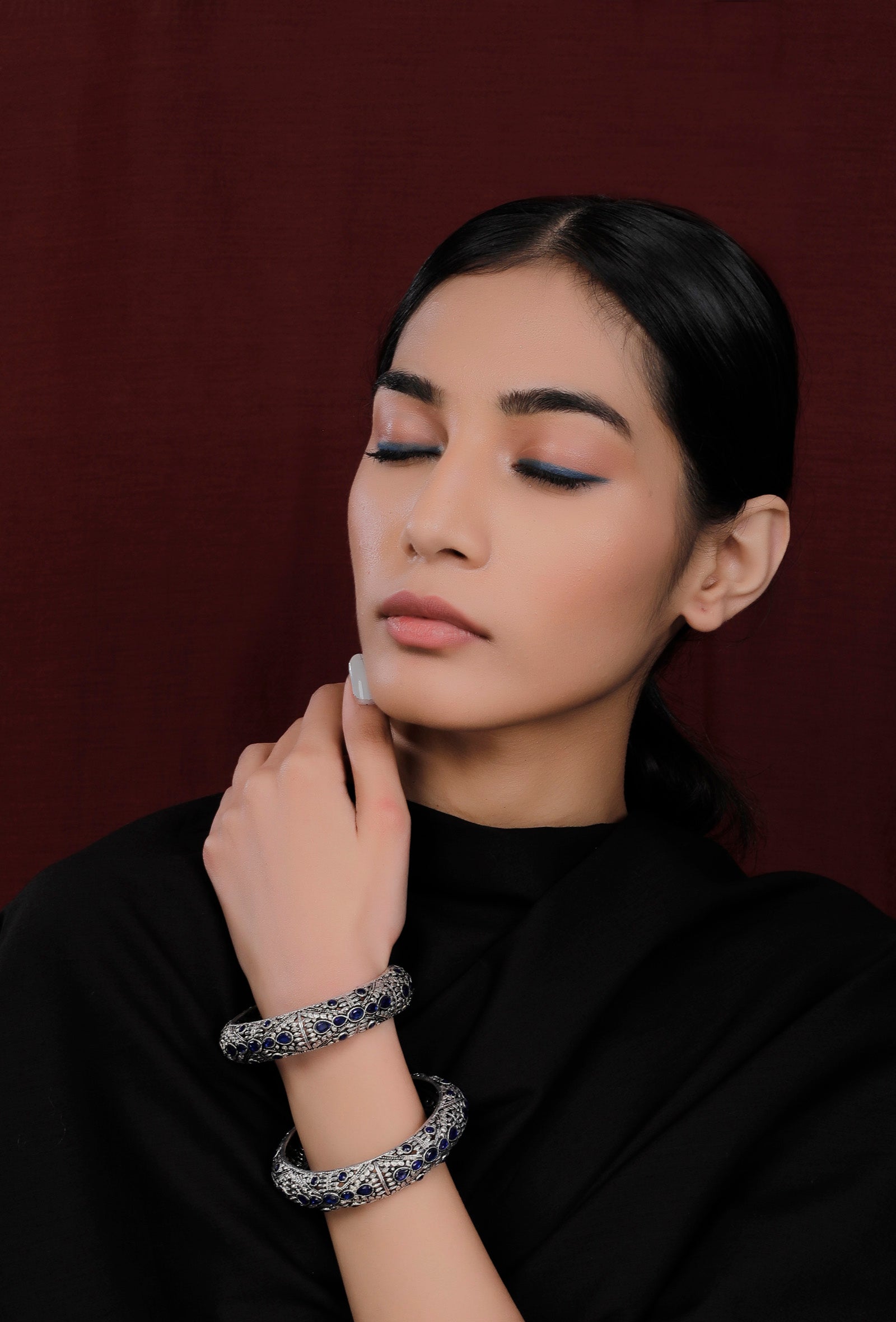 Aqua Blue Silver Tribal Bangle Set