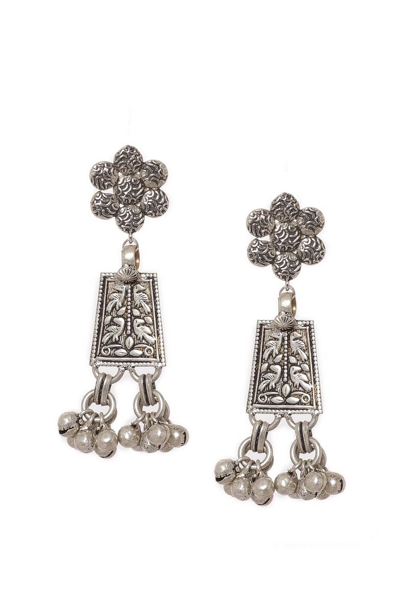 Floral Silver Tribal Earrings With Jhumkas