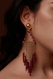 Wine Red Beads Gold Brass Earrings