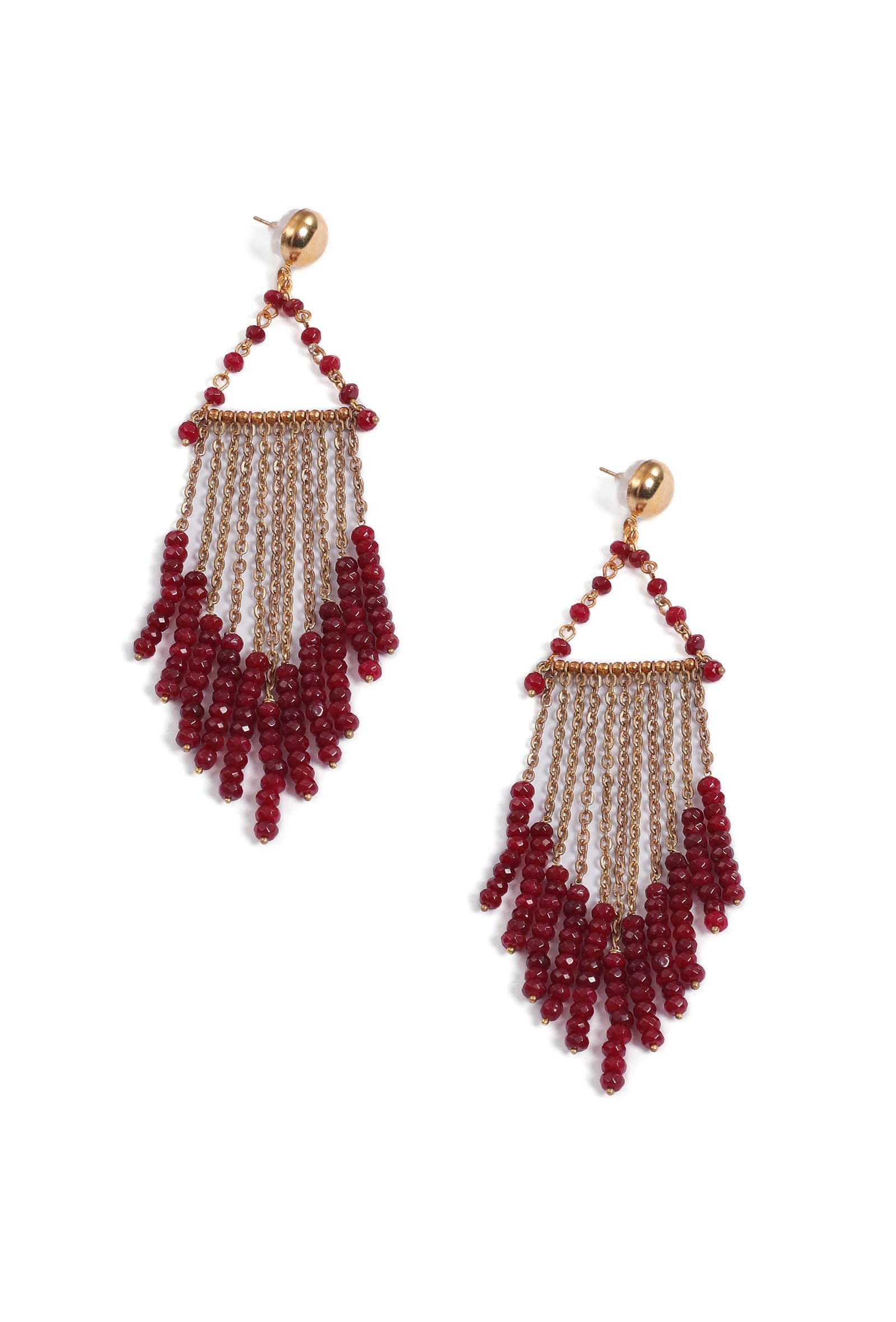 Wine Red Beads Gold Brass Earrings