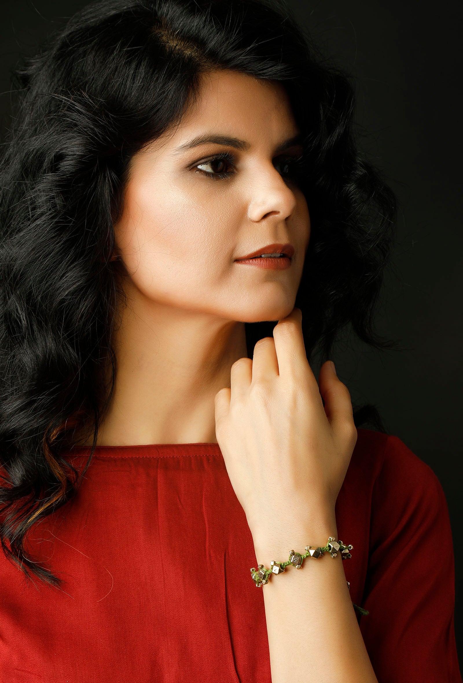 Dhokra-Inspired Green Thread German Silver Bracelet