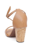 Beige Wooden Carved Ankle Strap Heels