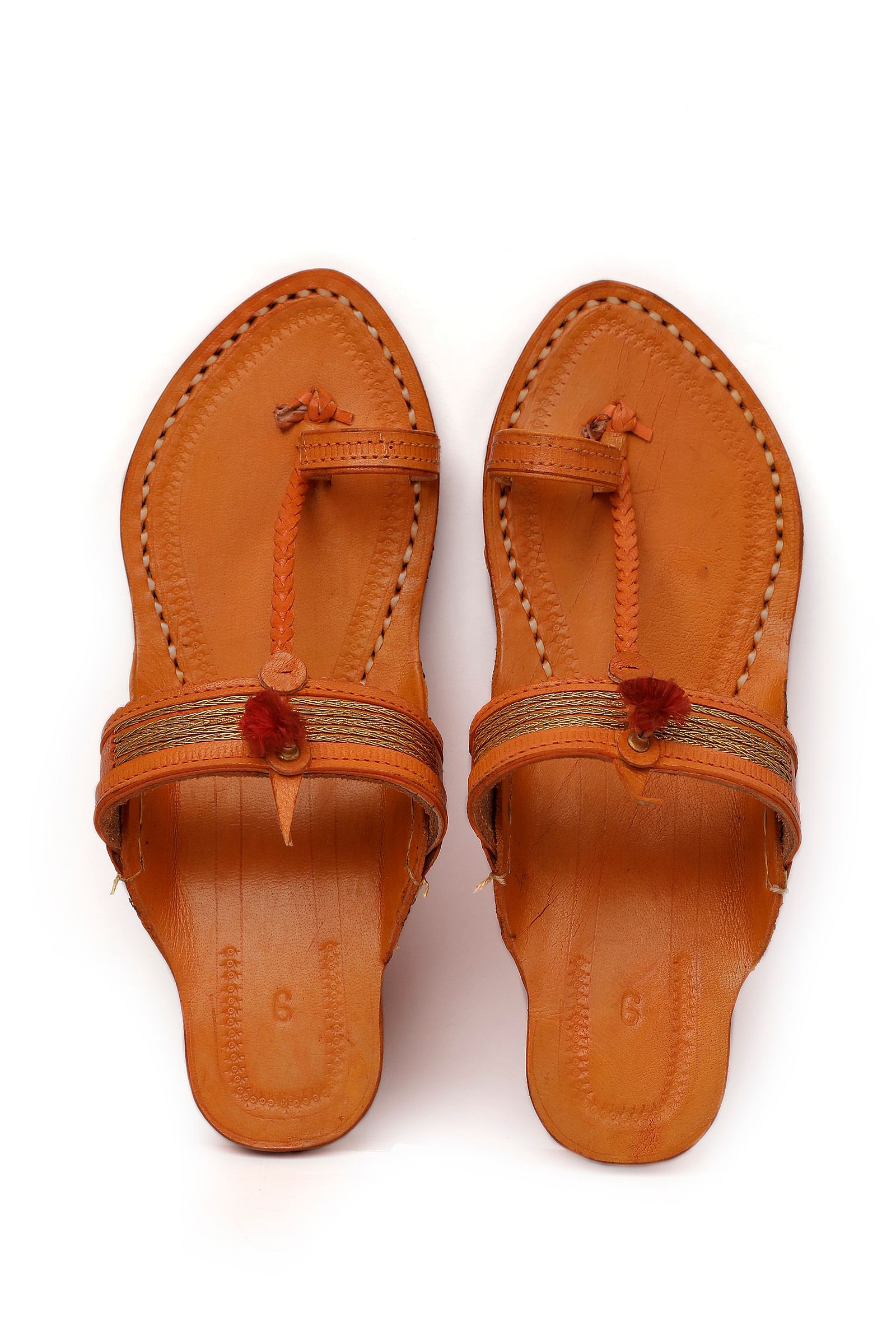 Light Brown Handcrafted Pure Leather Kolhapuri Flats  with Red Pom