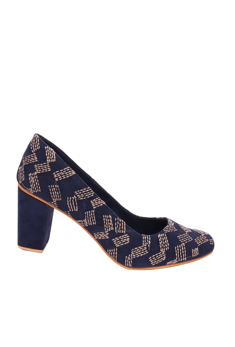 Blue Kantha Embroidery Suede Block Heels