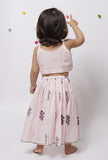Set of 2: Bella Pink Polka Dot Handblock Slip Blouse and Floral Handblock Gathered Elastic Cotton Skirt