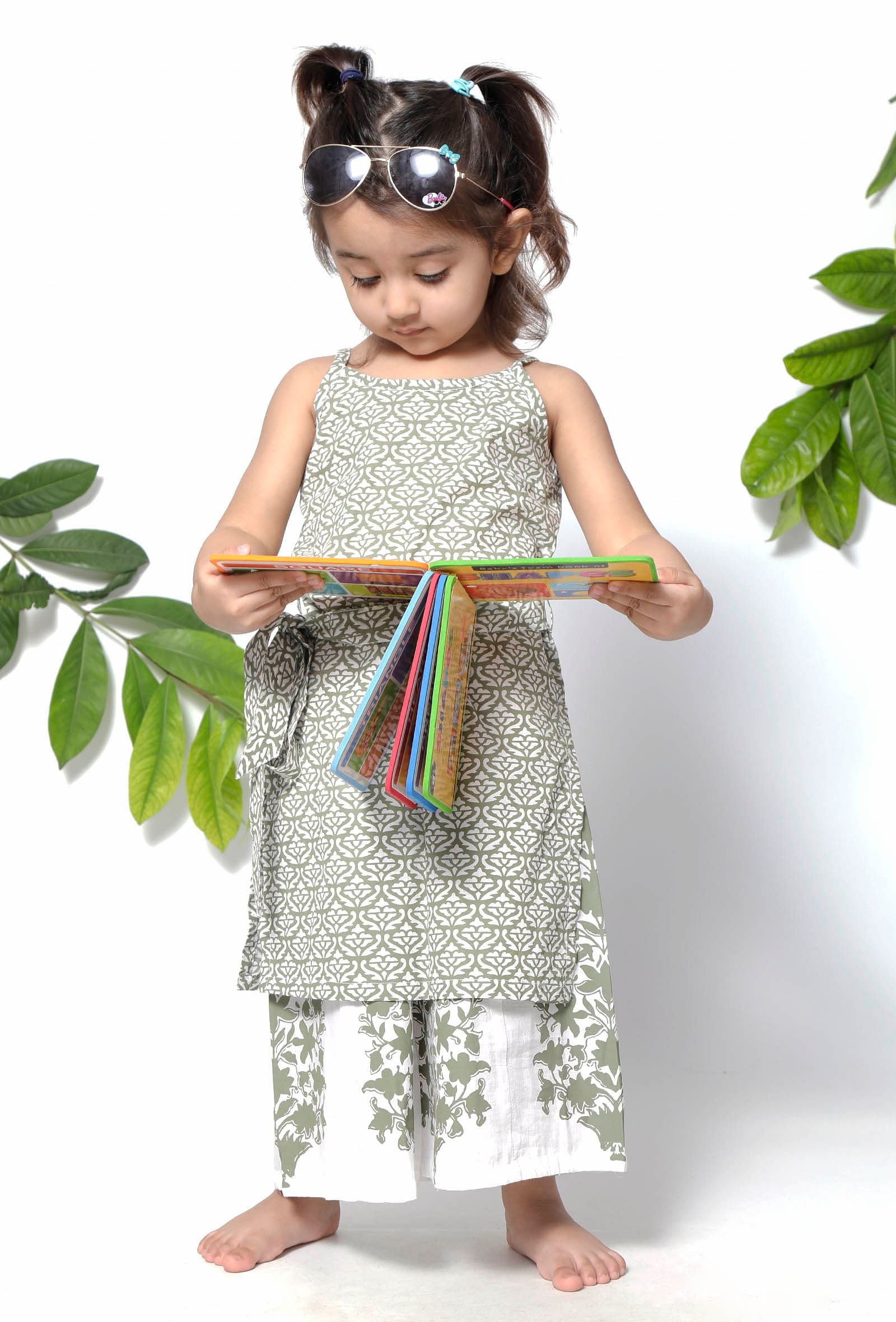Set of 2 - Tiana Sea Green Handblock Cotton Floral Pallazo and Suit Set