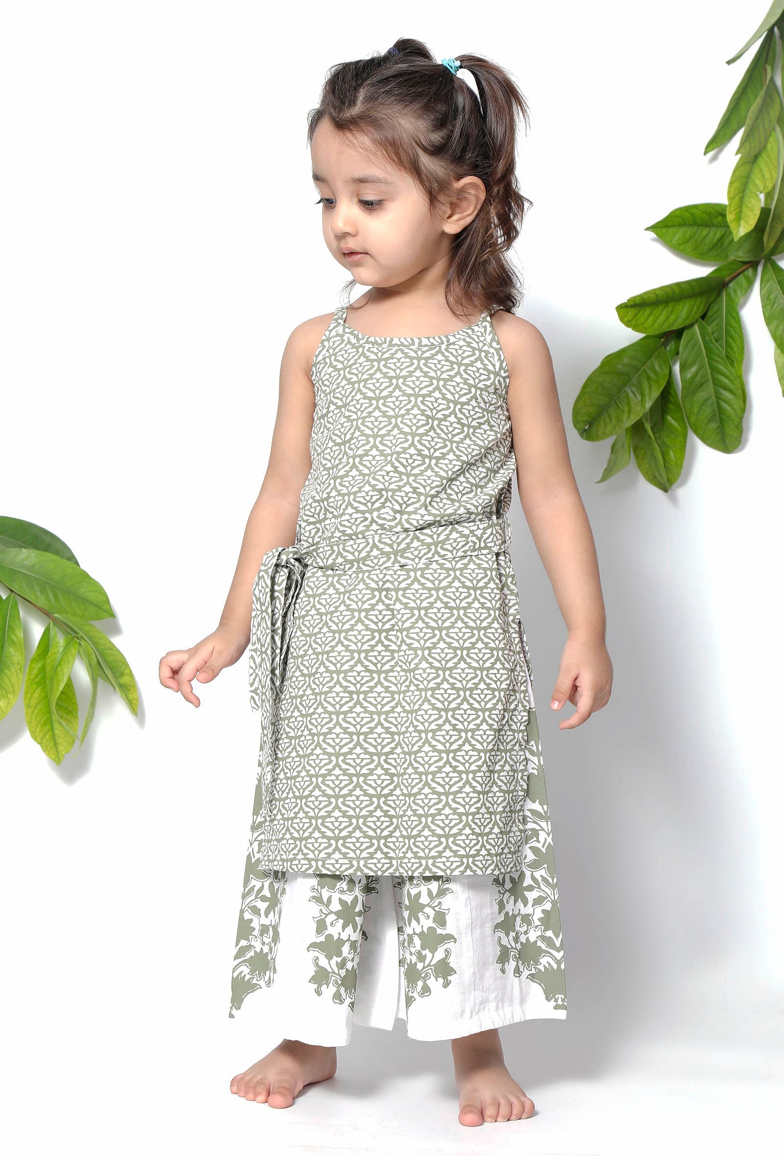 Set of 2 - Tiana Sea Green Handblock Cotton Floral Pallazo and Suit Set