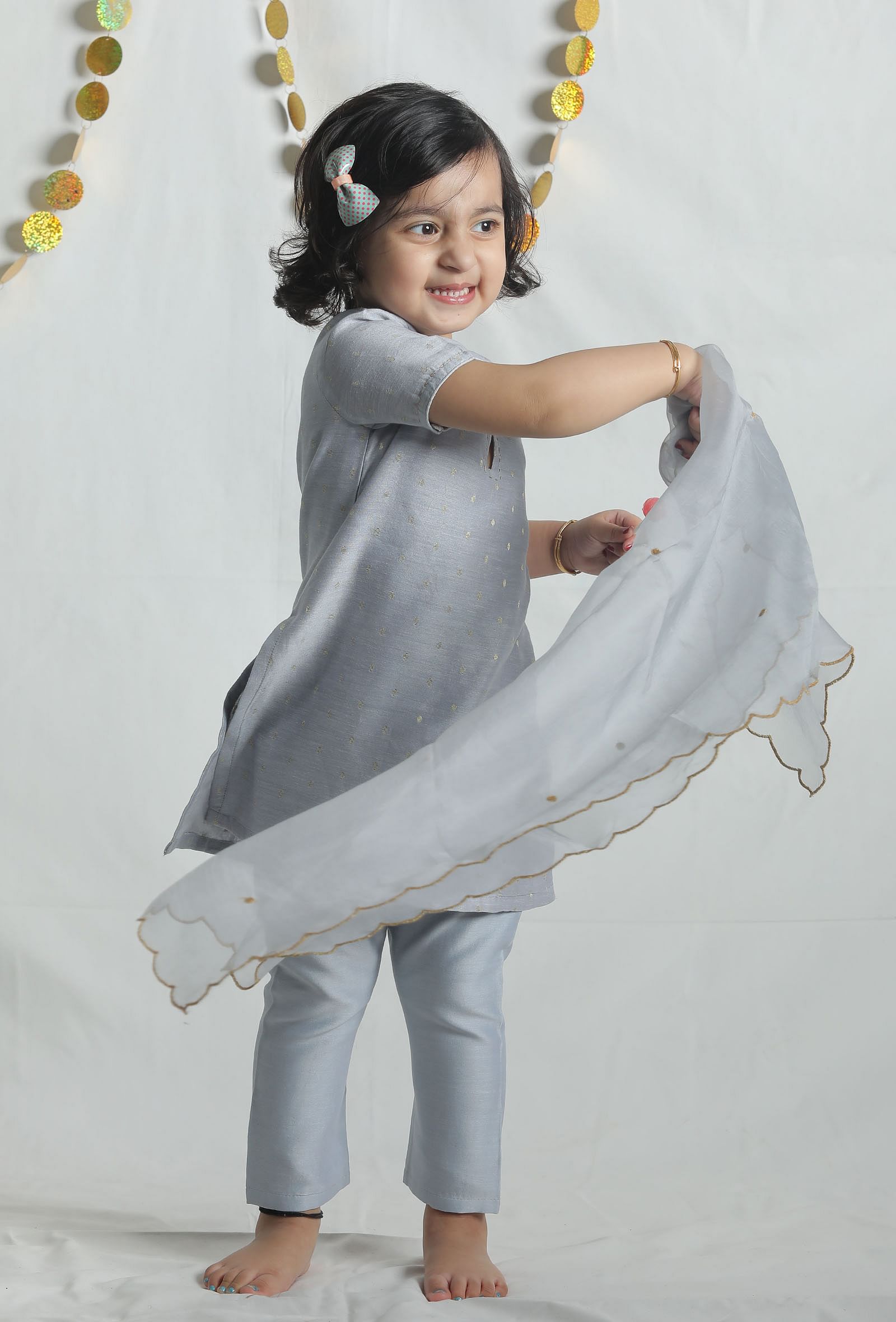 Set of 3: Grey Chanderi Suit with Pants and Dupatta