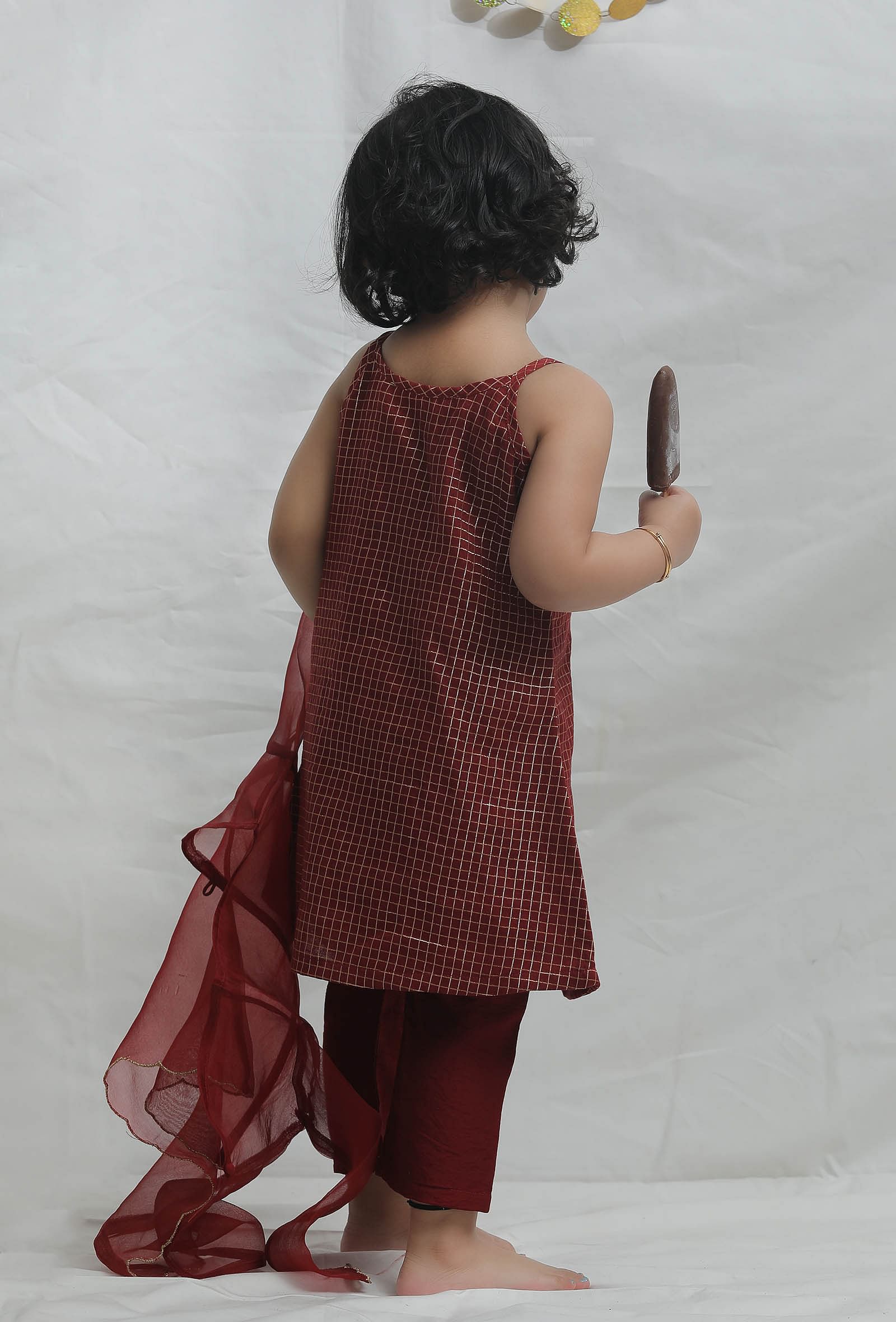 Set of 3: Maroon Chanderi Slip Kurta with Pants and Dupatta