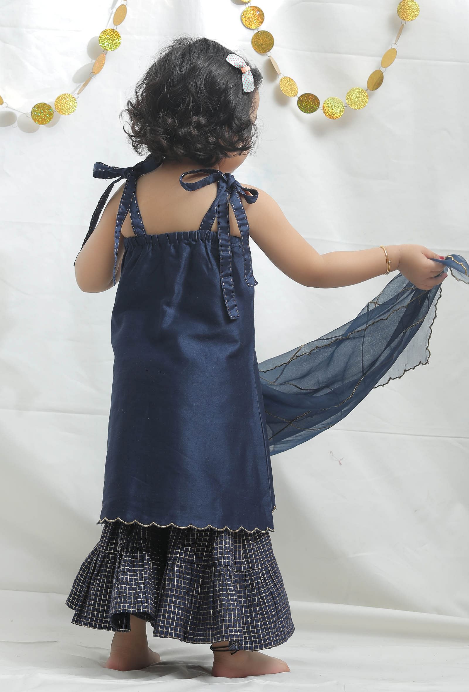 Set of 3: Blue Chanderi Kurta with Sharara with Organza Dupatta