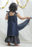 Set of 3: Blue Chanderi Kurta with Sharara with Organza Dupatta