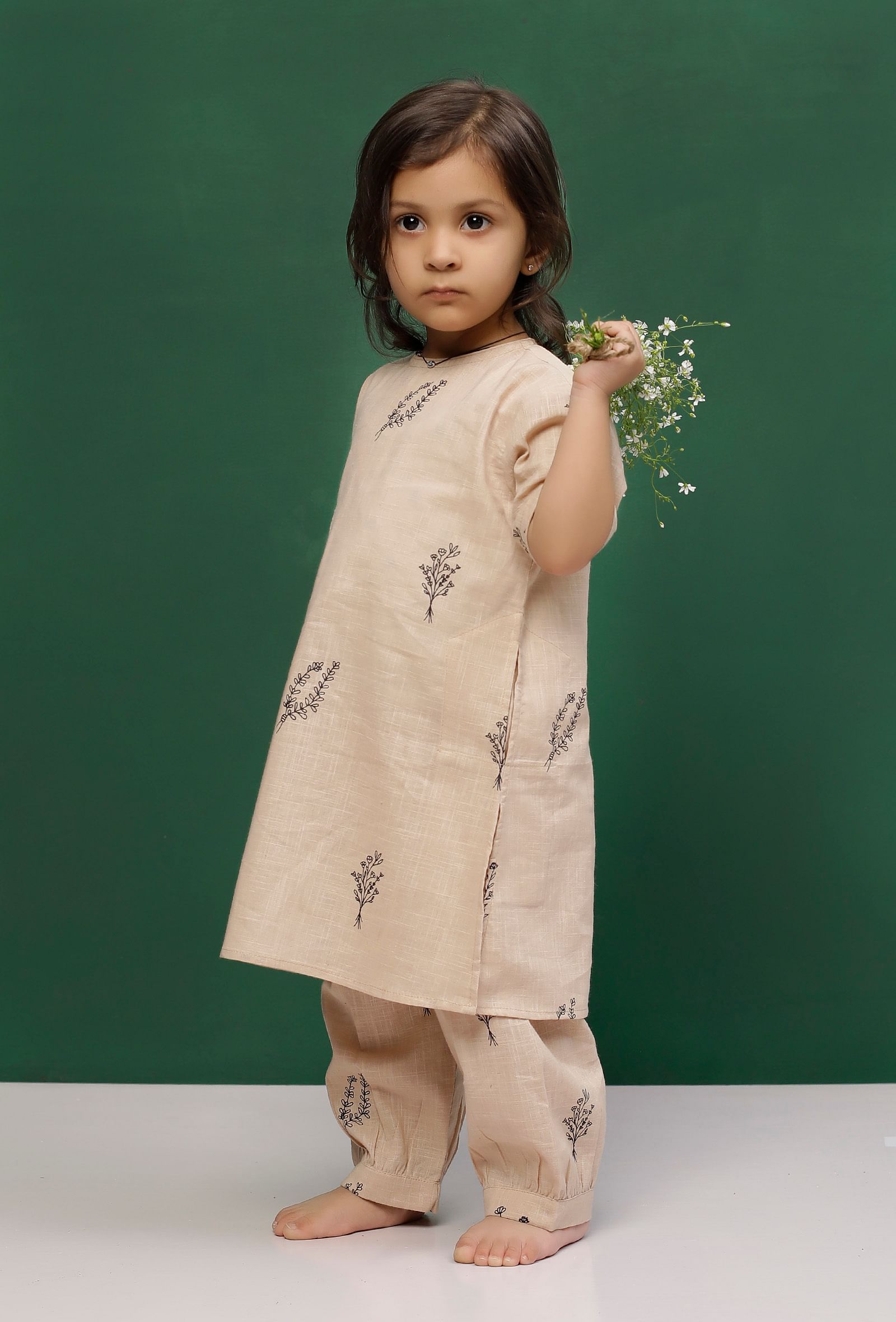 Set of 2: Beige Cotton Slub Block Printed Short Kurta and Printed Pants