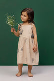 Beige Tie-Up Block Printed Cotton Slub Gathered Dress