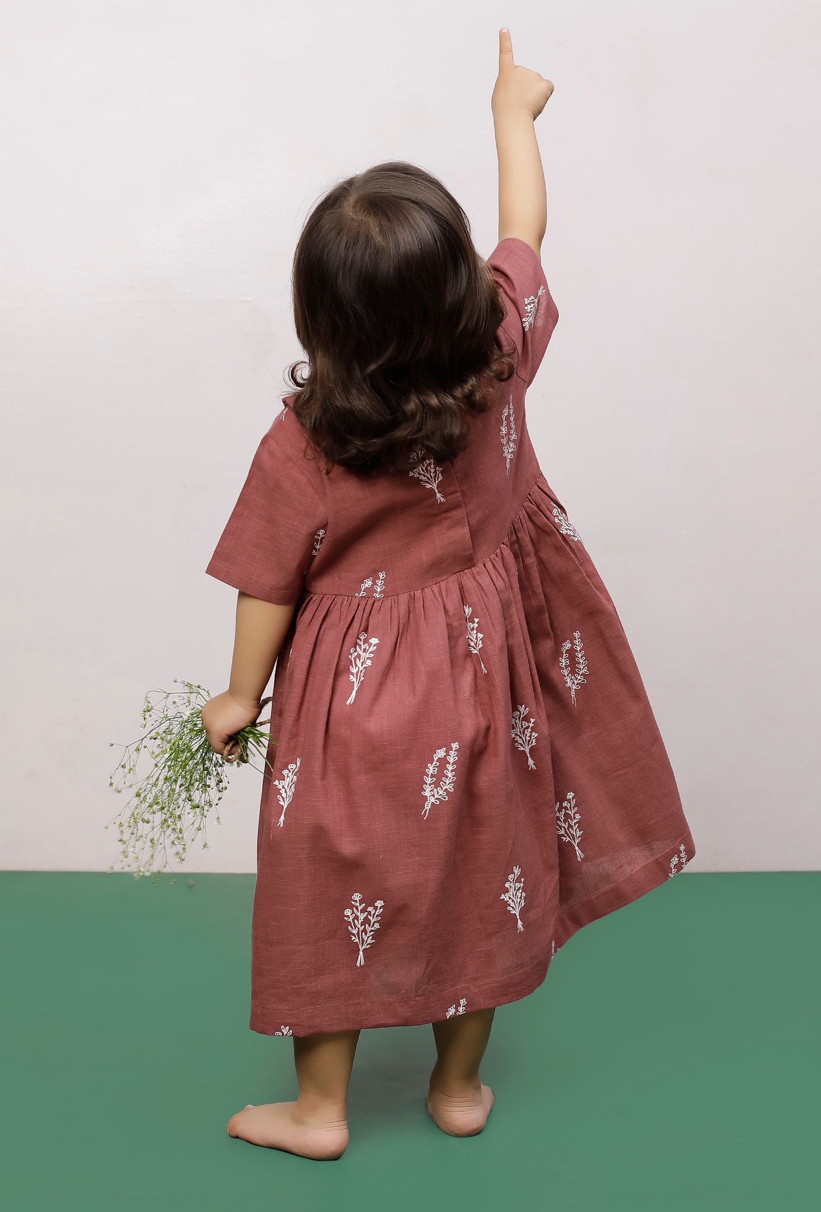 Mauve Cotton Slub Block Printed Gathered Dress