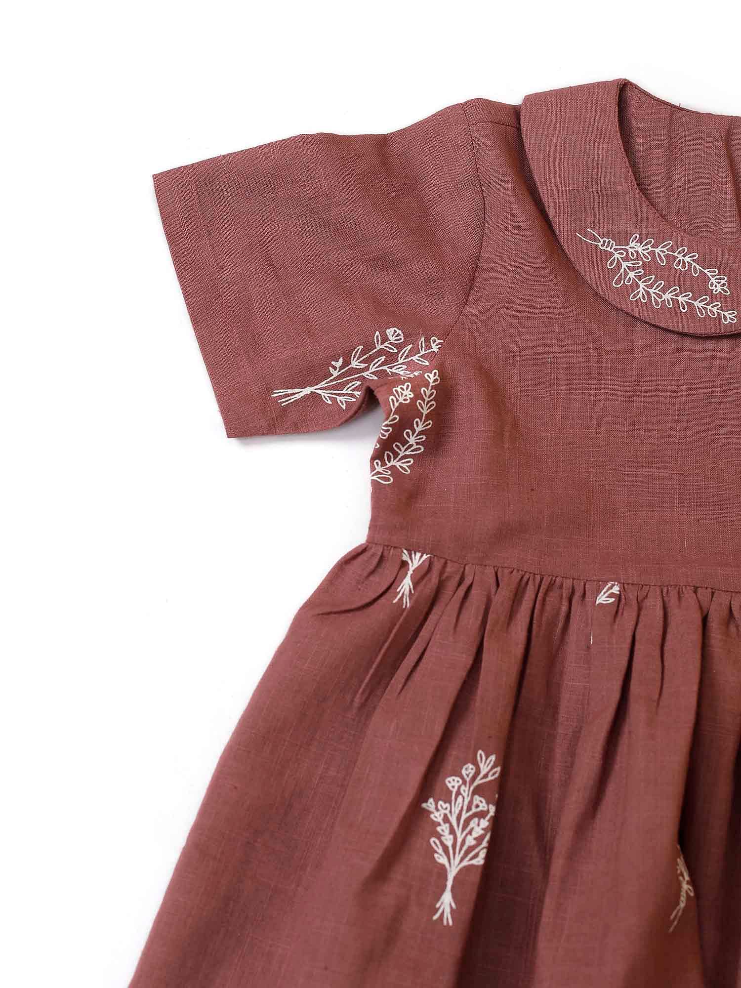 Mauve Cotton Slub Block Printed Gathered Dress