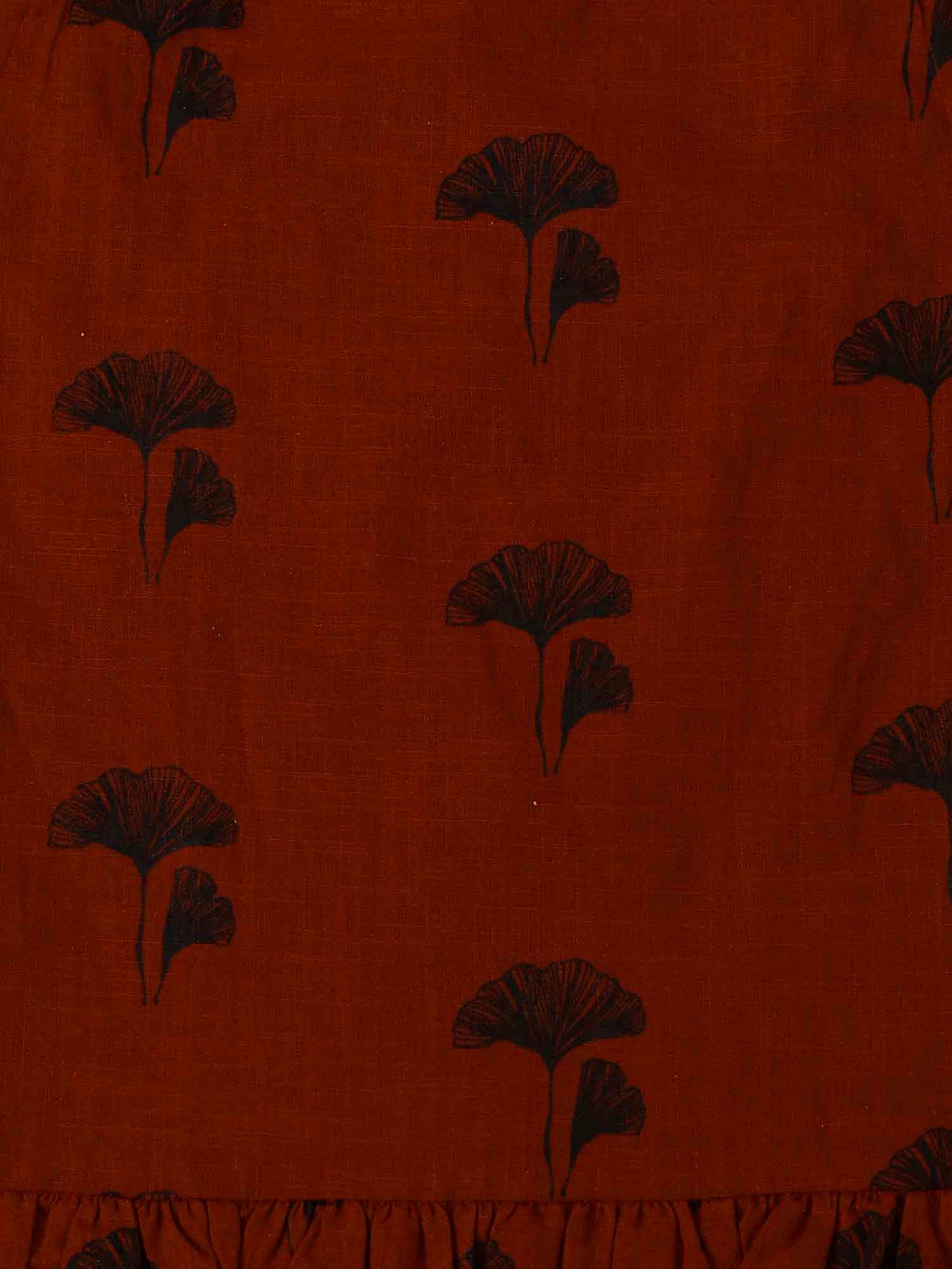Maroon Cotton Slub Block Printed Tie Up Gathered Dress
