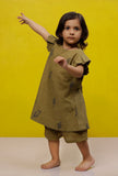 Set of 2 : Olive Green Cotton Slub Block Printed Short Kurta and Olive Green Cotton Printed Shorts
