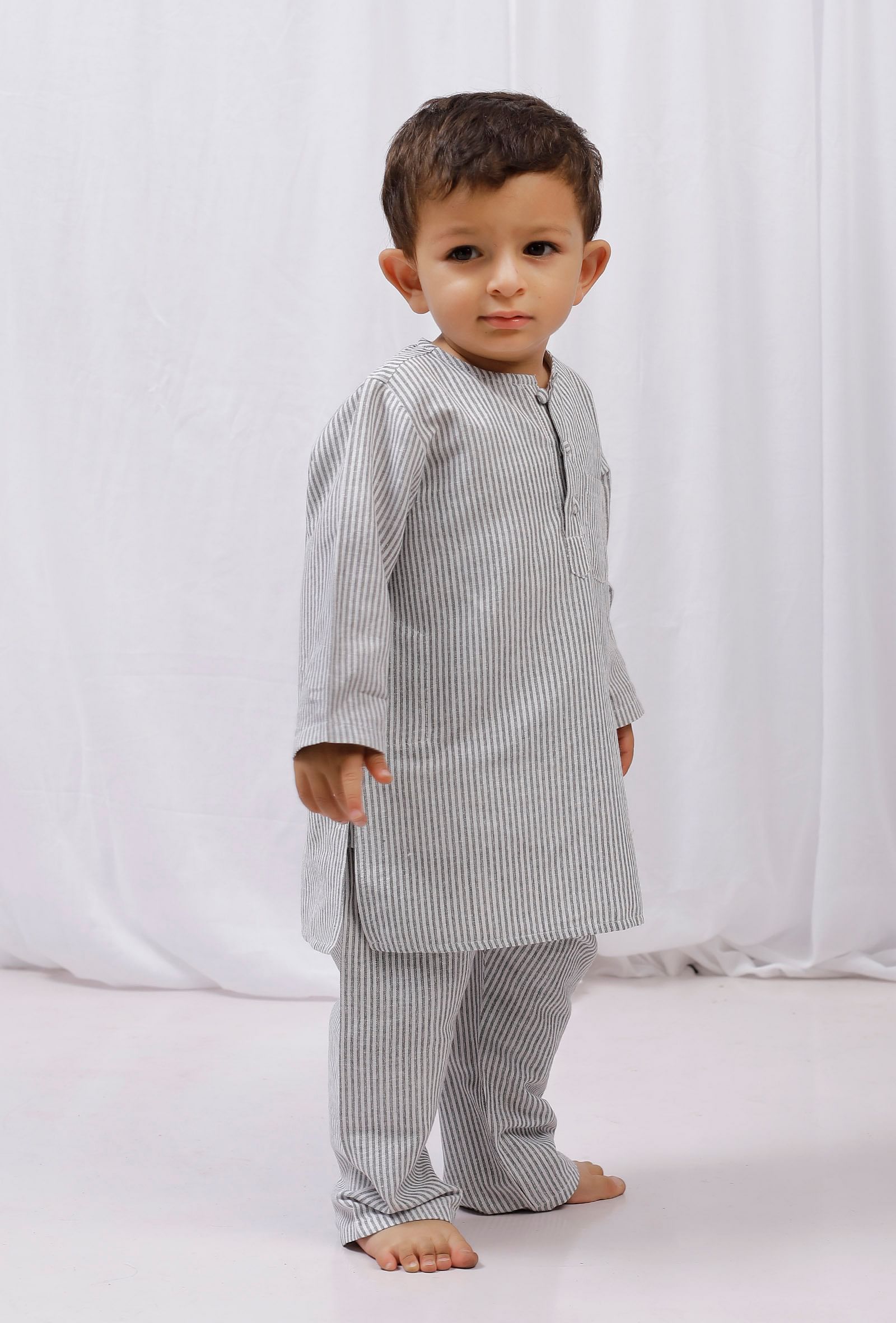 Set of 2: Black Striped Cotton Kurta and Pajama Set