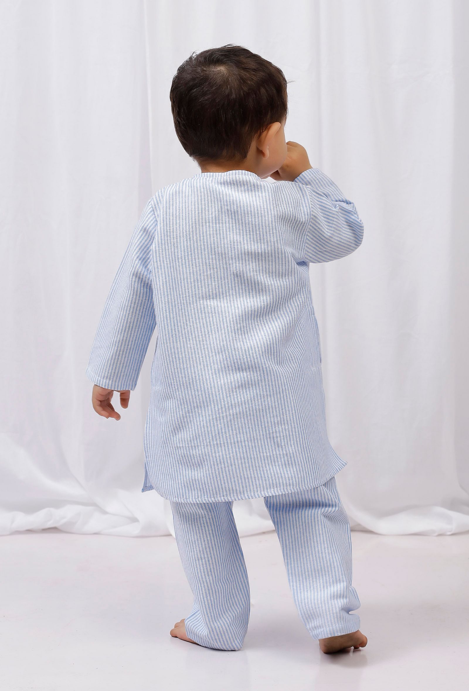 Set of 2: Blue Striped Cotton Kurta and Pajama Set