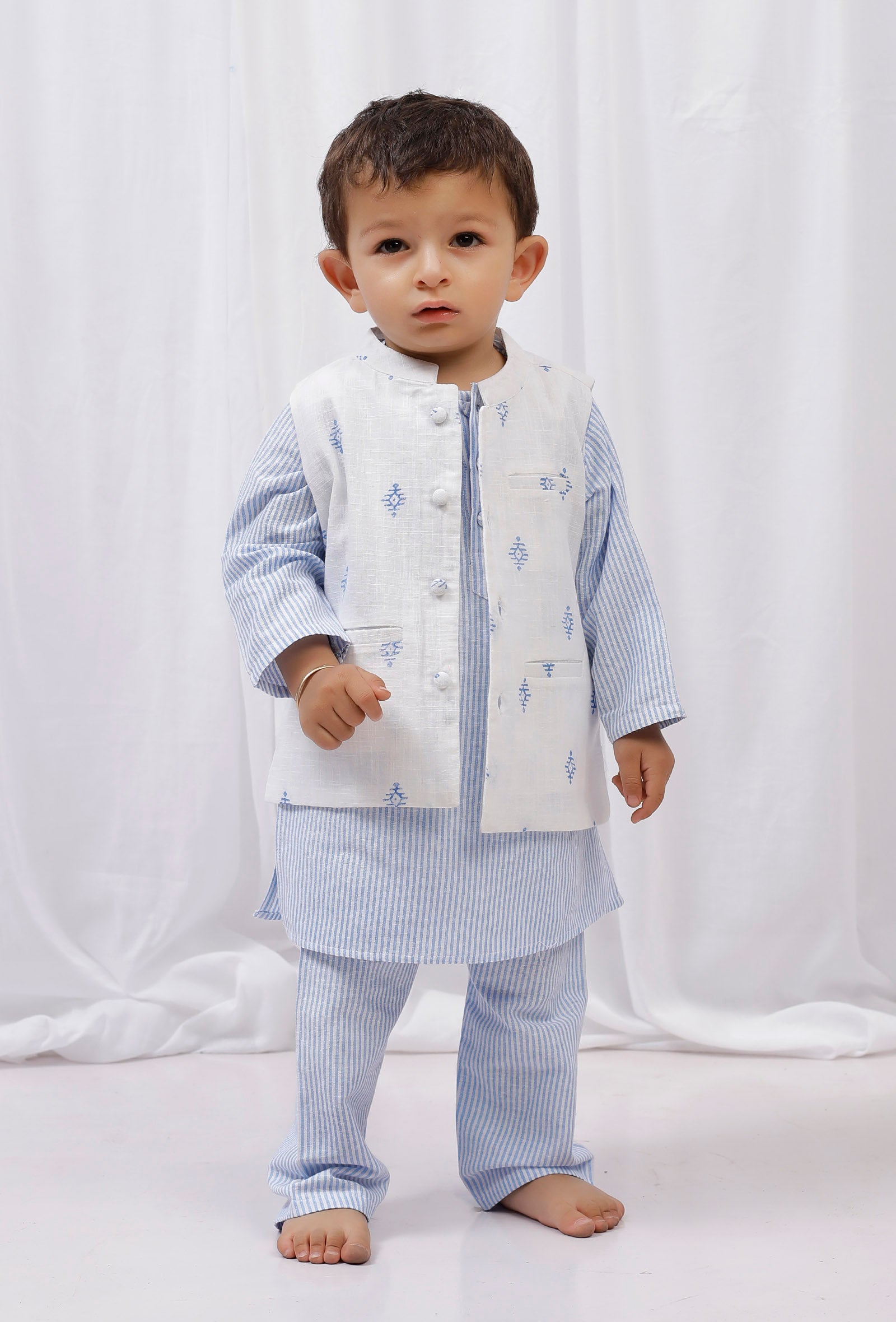 Set of 3: Blue striped Cotton Kurta & Pajama with Blue Floral Nehru Jacket