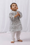 Set of 2: Black Hand Block Printed Cotton Kurta and White Pajama Set