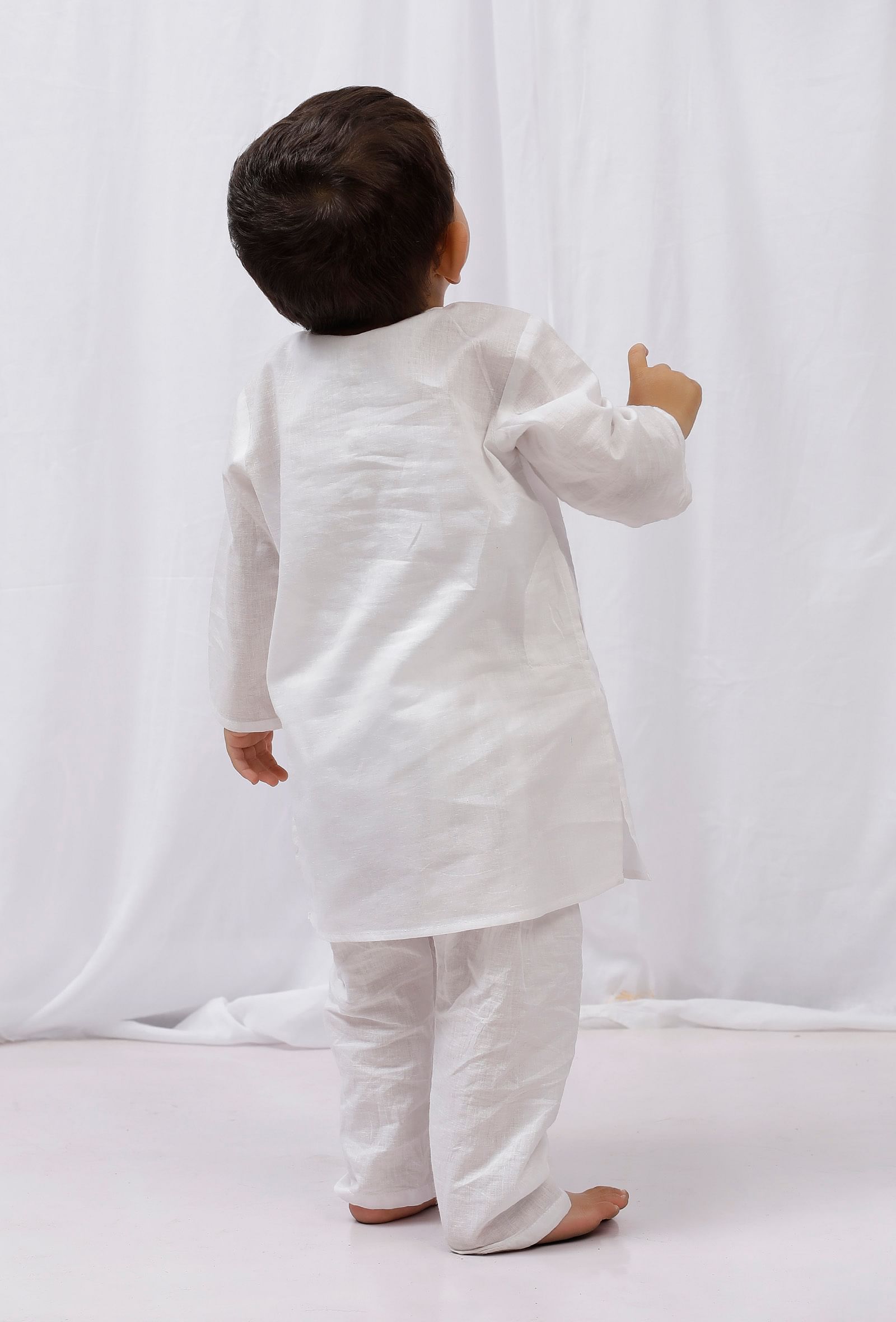 Set of 2: White Striped Cotton Kurta and White Pajama Set