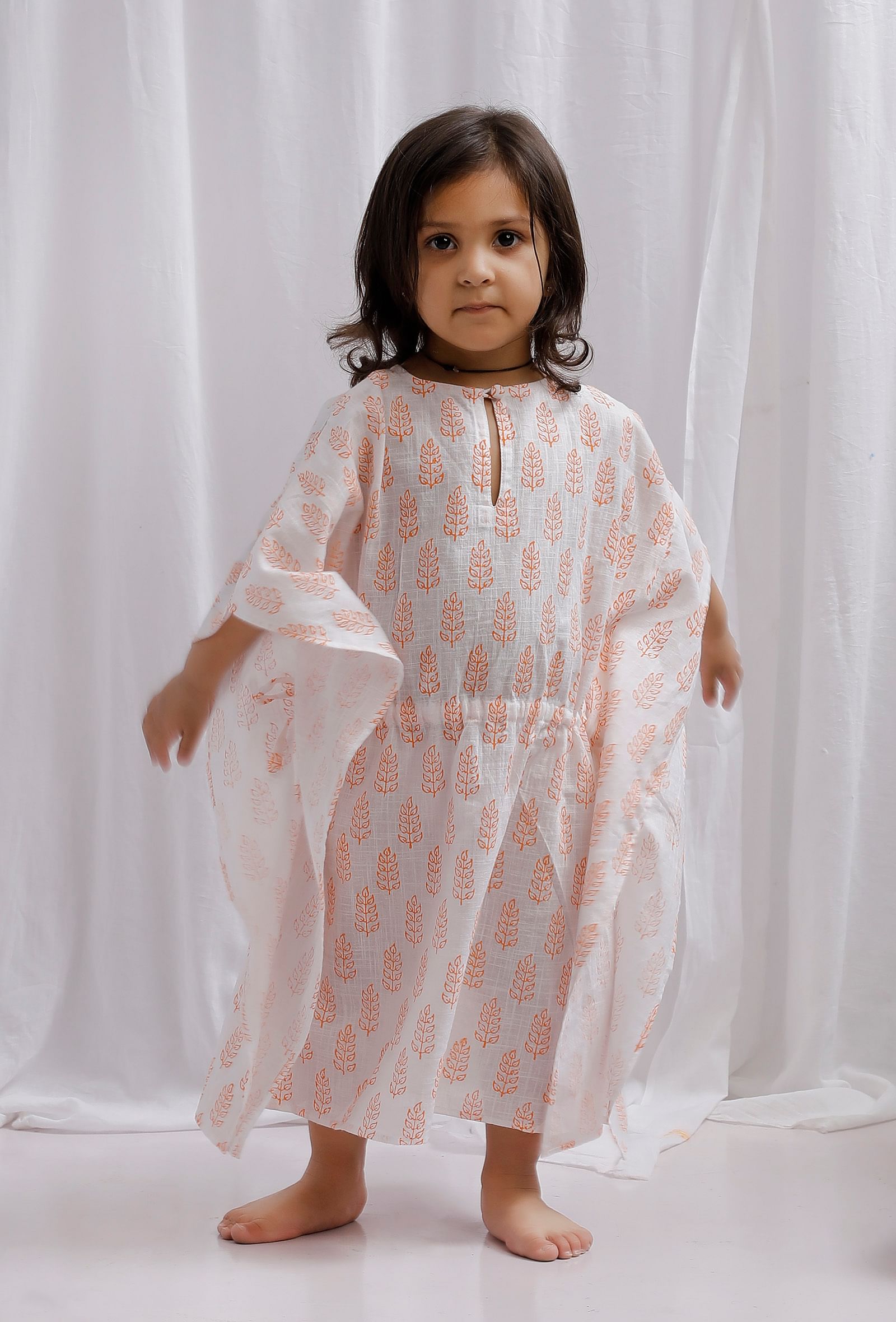 Orange Block Printed Side Tie Up Cotton Kaftan