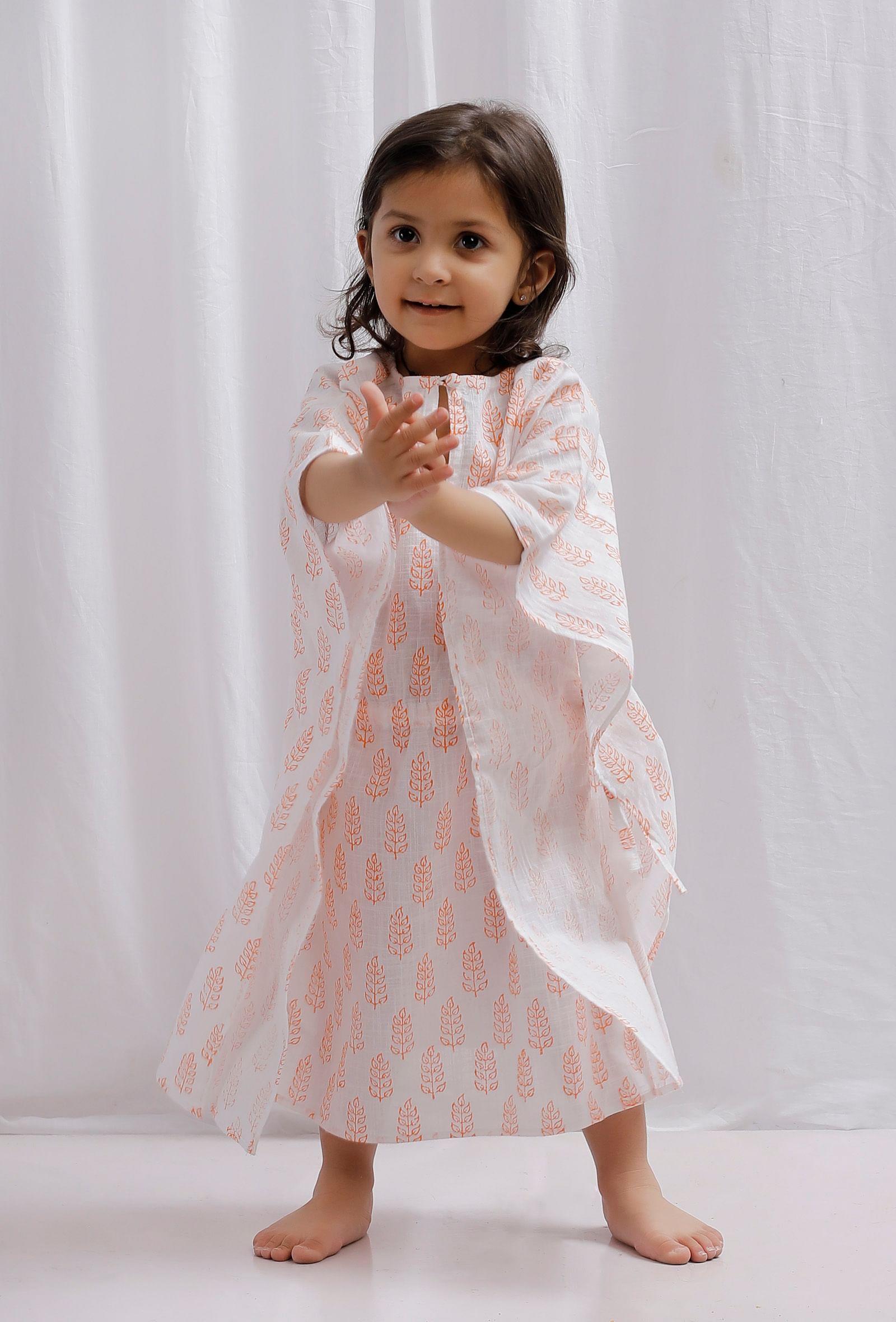 Orange Block Printed Side Tie Up Cotton Kaftan