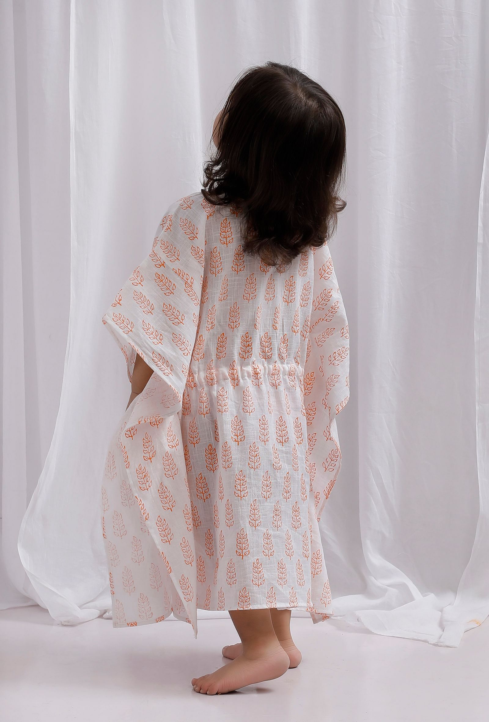 Orange Block Printed Side Tie Up Cotton Kaftan