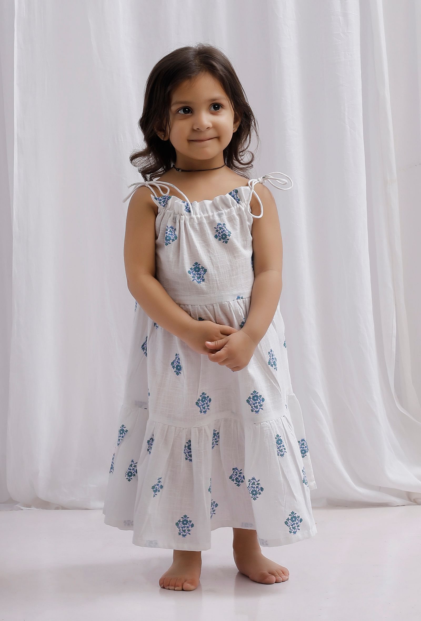 Blue Tie-up Block Printed Cotton Tier Flare Dress