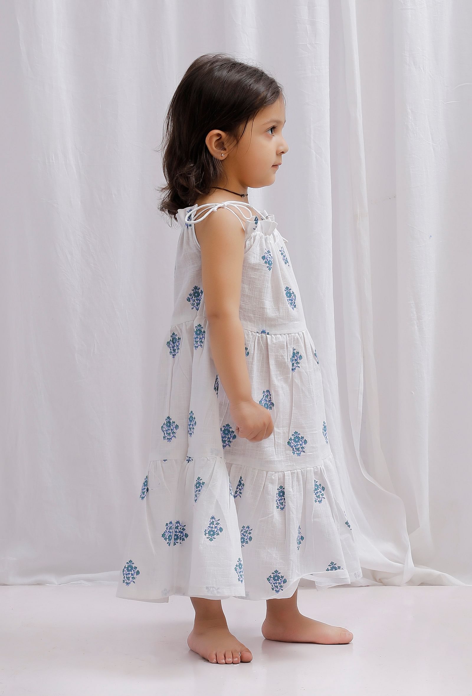 Blue Tie-up Block Printed Cotton Tier Flare Dress