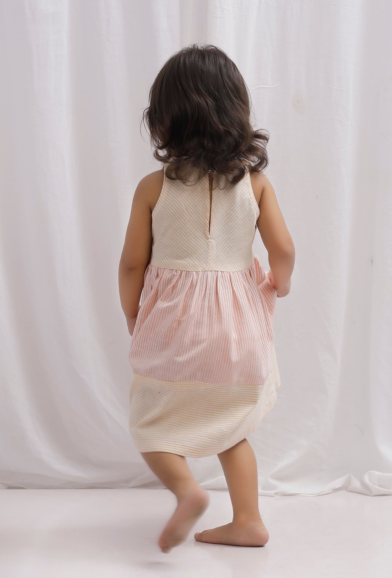 Yellow and Orange Striped Cotton Gathered Flare Dress