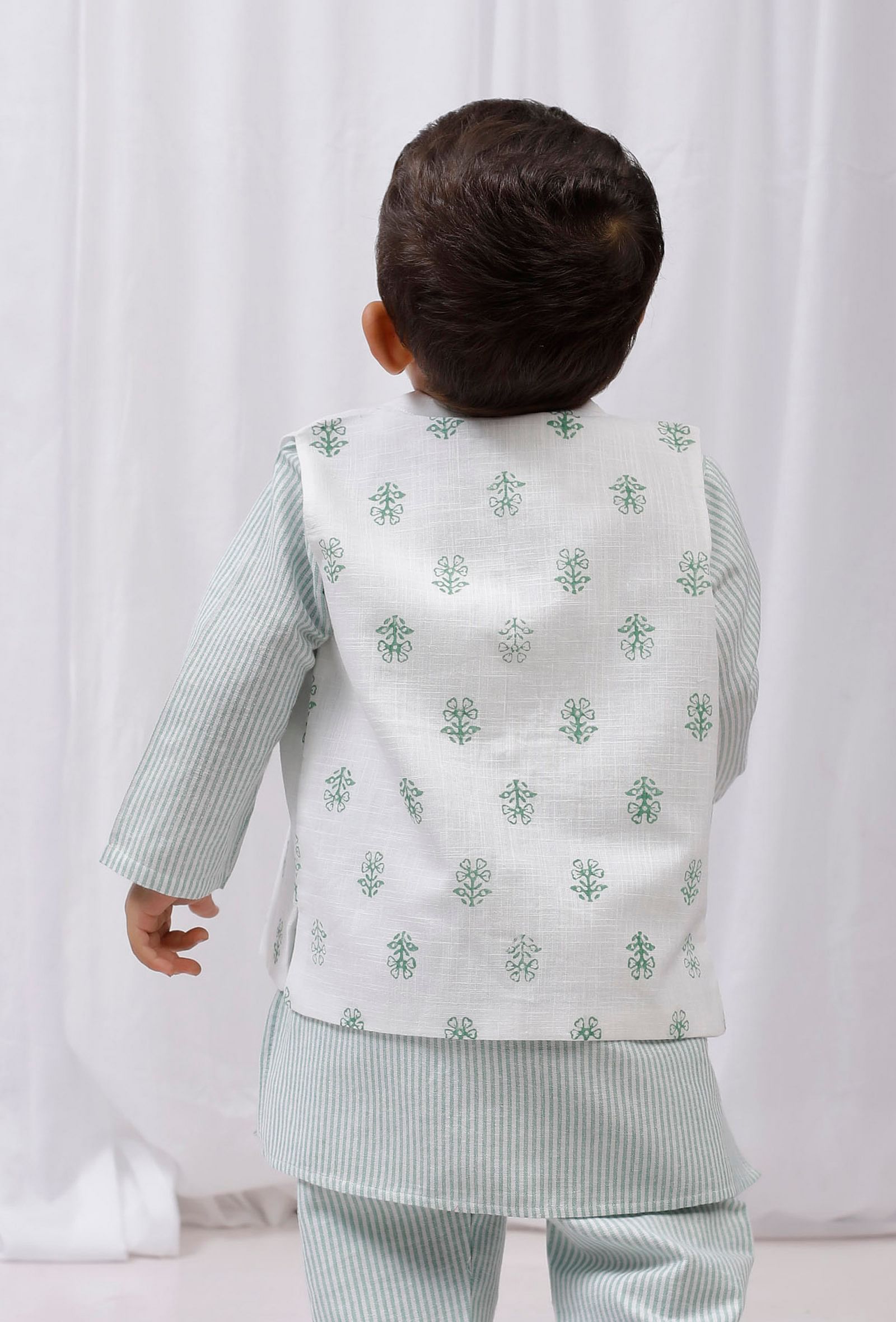 Green Floral Block Printed Nehru Jacket