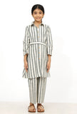 Set of 2: Irish Grey and White Stripes Cotton Belted Kurti with Pants
