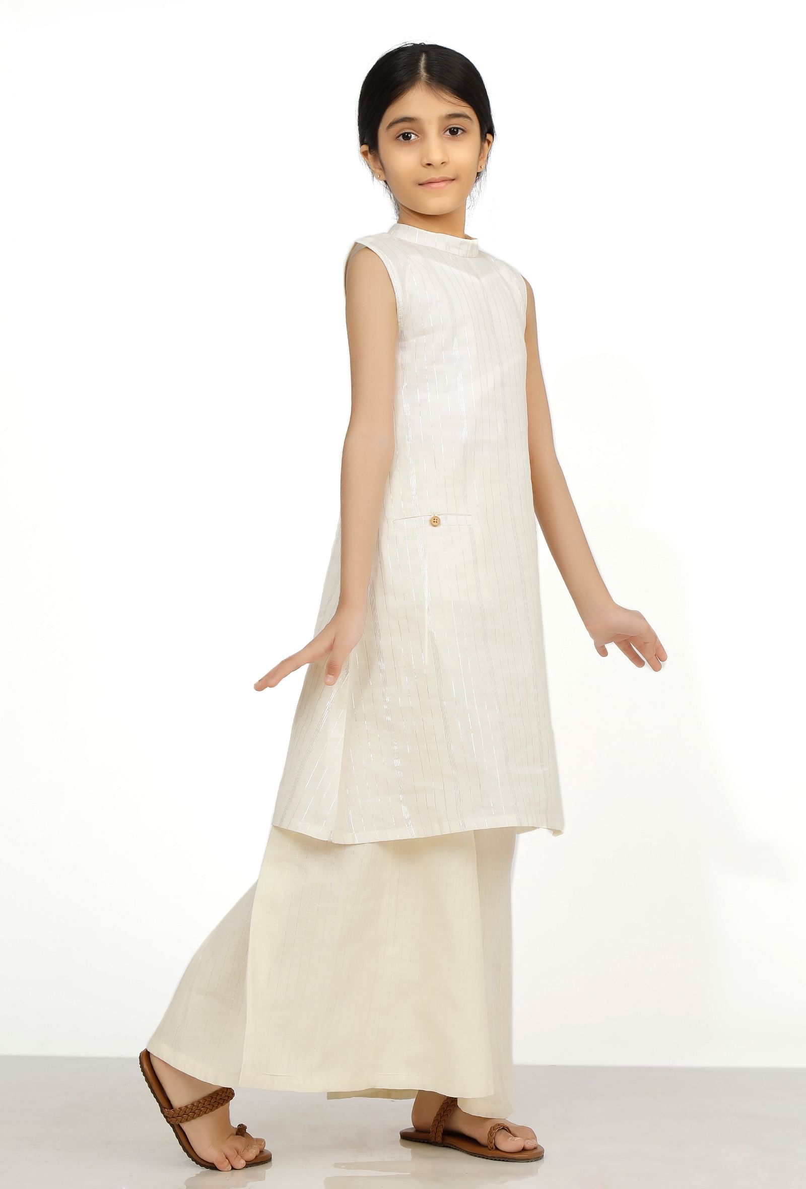 Set of 2: Snow White Cotton Anarkali Kurti with Flared Pants
